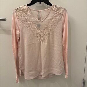 Ann Taylor Pink Lace Trim Blouse | Size XS | Long Sleeve | Elegant & Feminine
